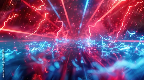 The air crackles with energy as vibrant red and blue neon lights create a dynamic and futuristic scene, pulsating with intensity and casting a mesmerizing glow over the abstract background.