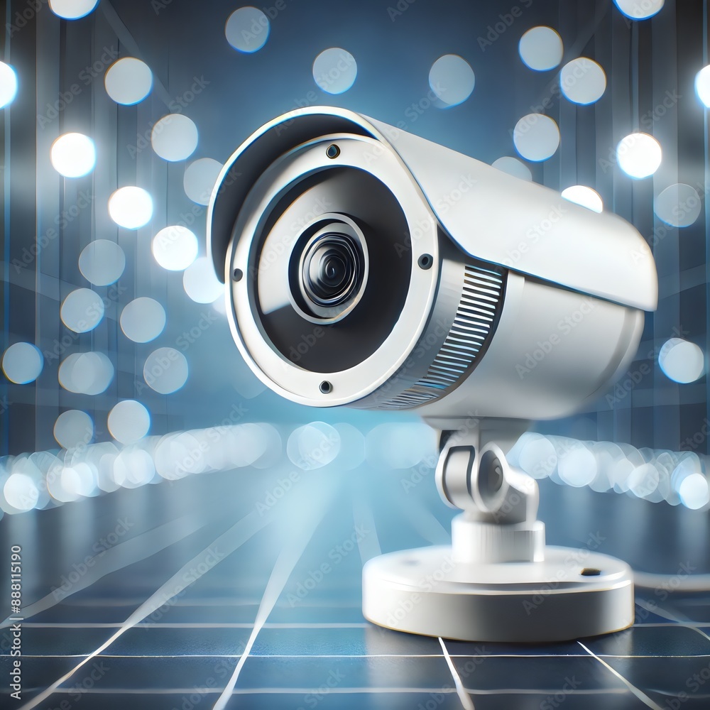 This striking image features a sleek, modern security camera set against a backdrop of glowing lights and a futuristic grid This striking image features a sleek, modern security camera set against a backdrop of glowing lights and a futuristic grid