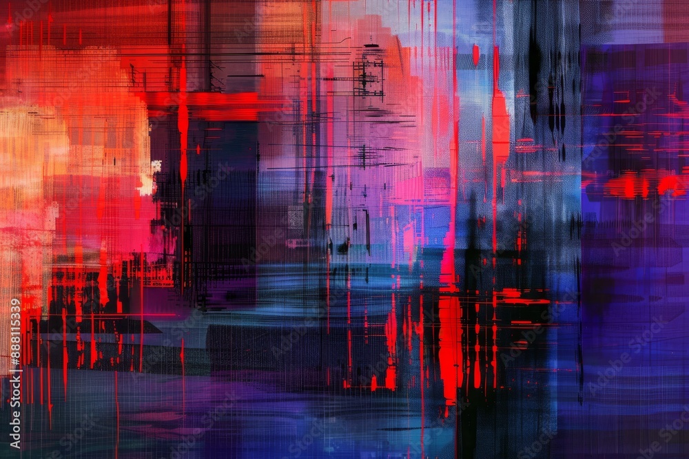 Fototapeta premium The background features a blue, red and purple abstract design with digital Distorted Motion glitch effect. The design has a retro, webpunk, rave 80s 90s aesthetic techno neon colors.