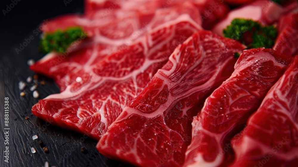 Close-up RAW Style of Kobe beef certificate with meat, authenticity proof Close-up RAW Style of Kobe beef certificate with meat, authenticity proof