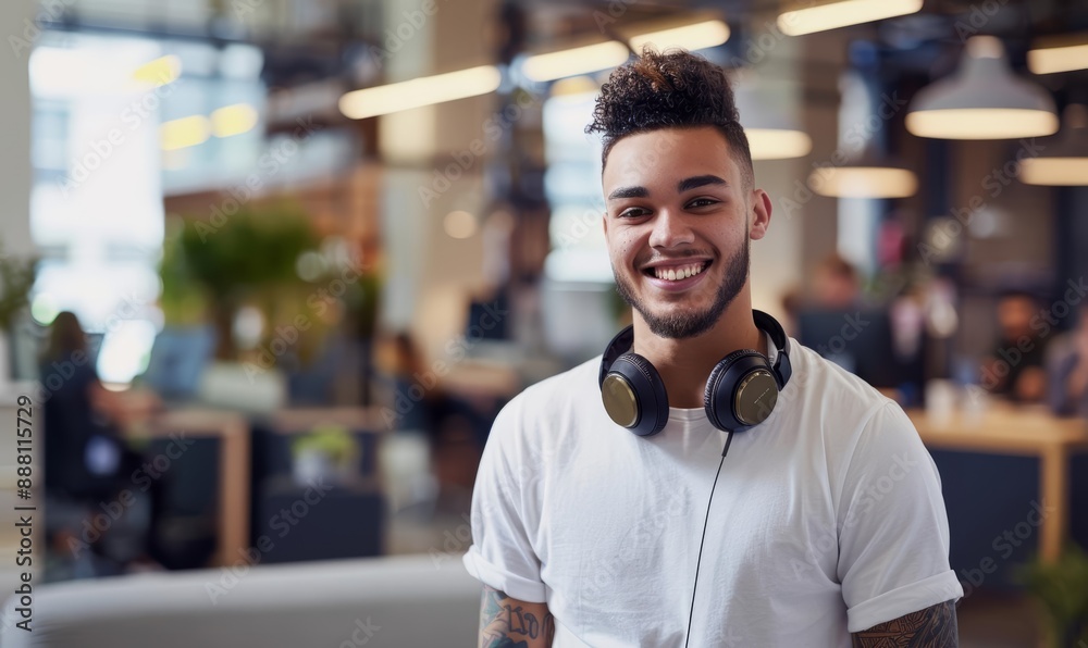 Smiling Young Professional with Headphones in Modern Office Setting Smiling Young Professional with Headphones in Modern Office Setting