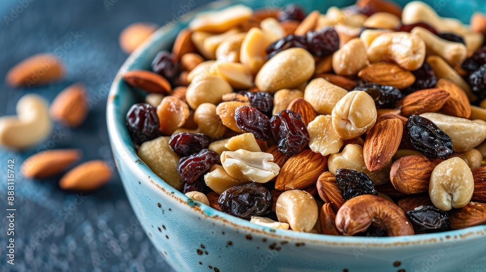 A close-up of a bowl of mixed nuts and dried fruit, emphasizing healthy snacking options A close-up of a bowl of mixed nuts and dried fruit, emphasizing healthy snacking options