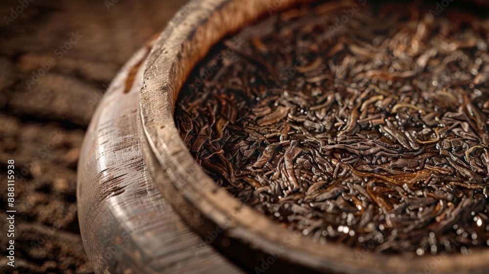 Close-up RAW Style of Traditional Chinese Pu-erh tea fermentation, aged beverage Close-up RAW Style of Traditional Chinese Pu-erh tea fermentation, aged beverage