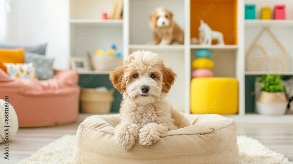 Double-decker dog bed for multiple pets, a small dog on each level, in a cheerful room filled with pet toys and bright colors Double-decker dog bed for multiple pets, a small dog on each level, in a cheerful room filled with pet toys and bright colors