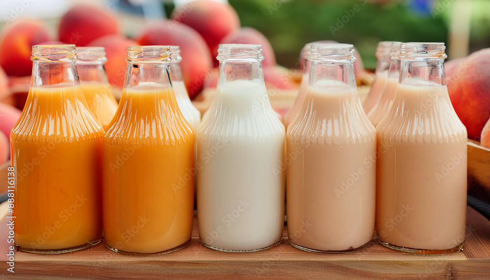 Glass bottles of peach milk on wooden board. Tasty fruit drink. Sweet beverage. Organic and healthy Glass bottles of peach milk on wooden board. Tasty fruit drink. Sweet beverage. Organic and healthy