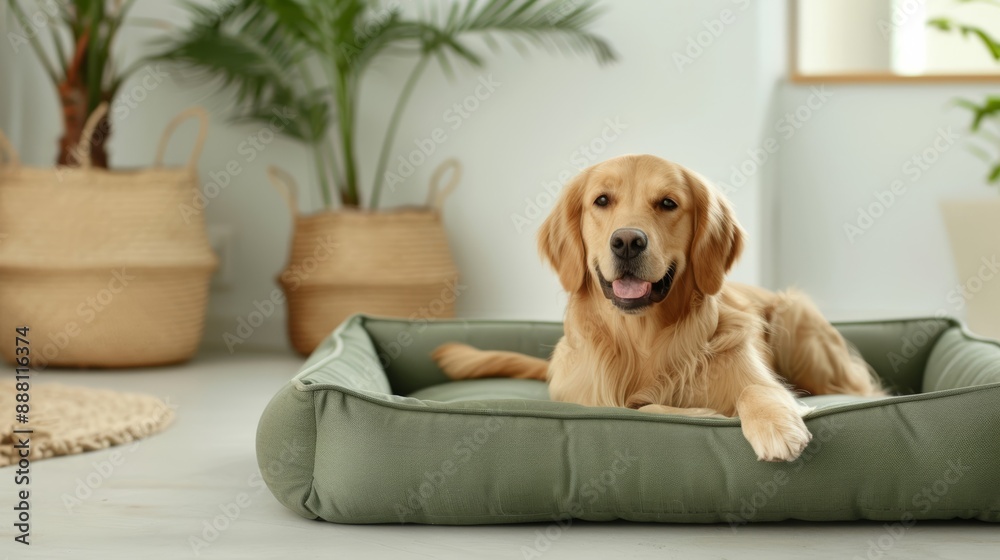 Eco-friendly dog bed made from recycled materials, with a soft, green cushion, a content dog lying on it, in a nature-themed room Eco-friendly dog bed made from recycled materials, with a soft, green cushion, a content dog lying on it, in a nature-themed room