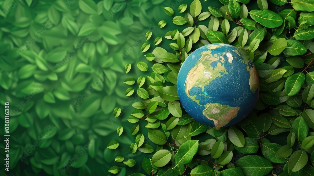 Global Harmony, Earth Day Concept with 3D Globe and Leaves Background, Celebrating the Unity and Interconnectedness of Our Planet Global Harmony, Earth Day Concept with 3D Globe and Leaves Background, Celebrating the Unity and Interconnectedness of Our Planet