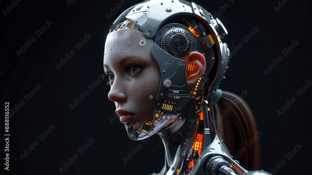 A female robot with a sci-fi theme painted in generative ai style as a cyborg woman. A female robot with a sci-fi theme painted in generative ai style as a cyborg woman.