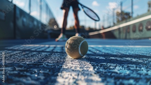 A tennis ball is on the ground in front of a tennis court