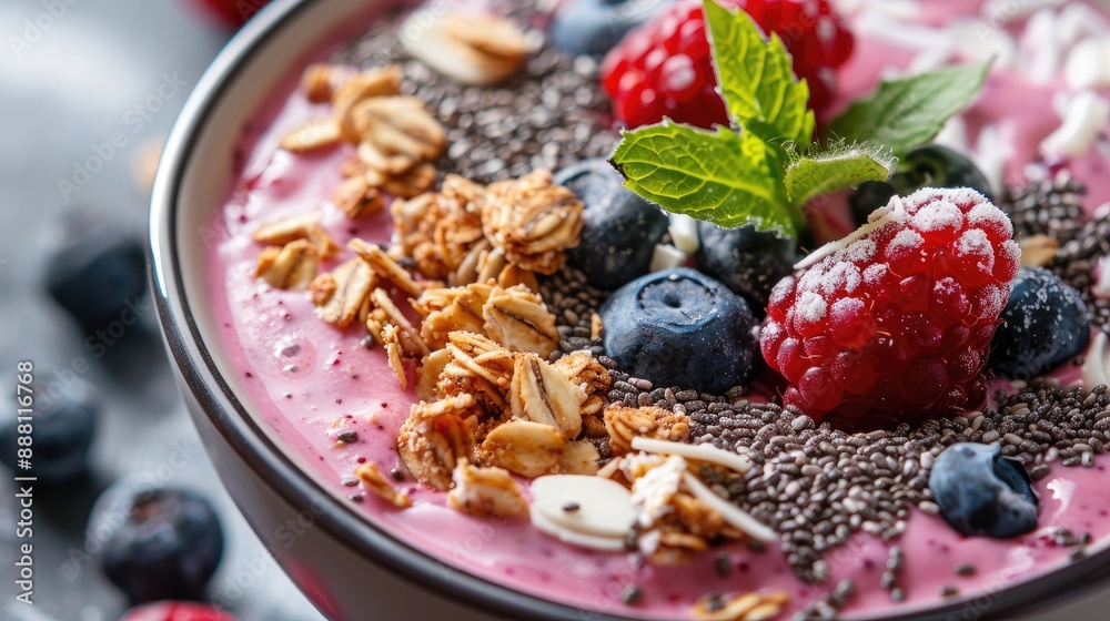 A close-up of a smoothie bowl topped with granola, chia seeds, and fresh berries, highlighting a nutritious breakfast A close-up of a smoothie bowl topped with granola, chia seeds, and fresh berries, highlighting a nutritious breakfast