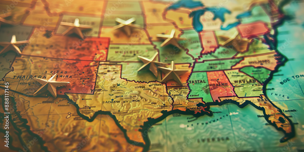 Naklejka premium The American Dream Alive: A map of the United States, with stars marking the locations of notable American landmarks.