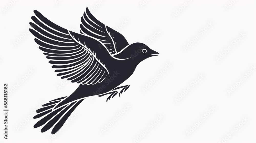 Minimalistic black Slavic bird design on white background detailed feathers and flowing lines 