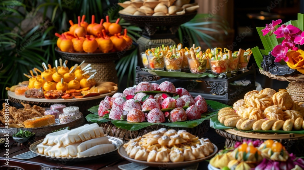 A Thai dessert buffet featuring Roti Sai Mai alongside other traditional sweets. A Thai dessert buffet featuring Roti Sai Mai alongside other traditional sweets.