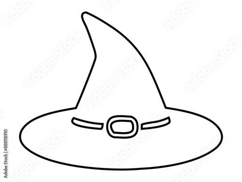 Black outline of a witch hat isolated on a white background. Wizard pointed hat. Concept of Halloween accessory, magic symbol, minimalist style, festive decor. Print, design element, coloring page