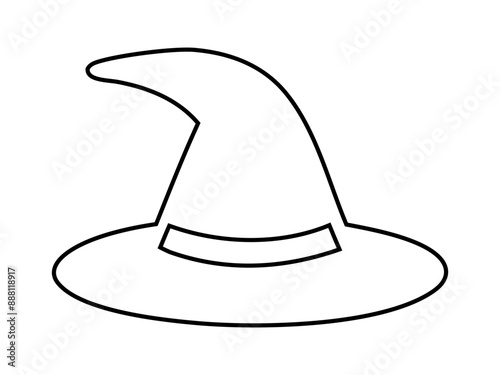 Black outline of a witch hat isolated on a white background. Wizard pointed hat. Concept of Halloween accessory, magic symbol, minimalist style, festive decor. Print, design element, coloring page