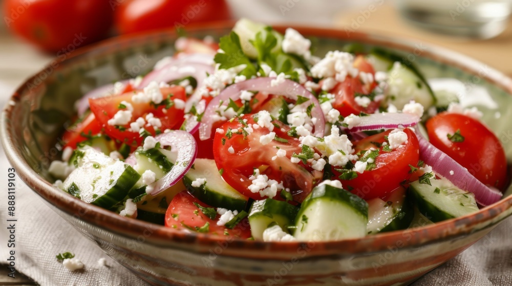 A tomato and cucumber salad with red onion and feta cheese, served in a bowl. A tomato and cucumber salad with red onion and feta cheese, served in a bowl.