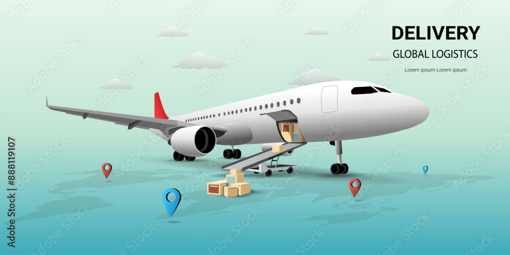 Airplane transport concept. Global transportation delivery service by airplane. Air freight logistics. Online order. airplane, Aircraft, Air logistics, Warehouse, Cargo. 3d Vector illustration Airplane transport concept. Global transportation delivery service by airplane. Air freight logistics. Online order. airplane, Aircraft, Air logistics, Warehouse, Cargo. 3d Vector illustration