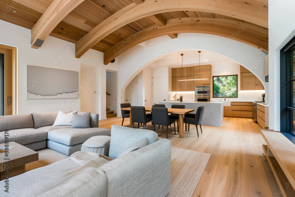 Fototapeta premium modern interior with big wooden arch seperating kitchen and lioving room 