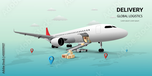 Airplane transport concept. Global transportation delivery service by airplane. Air freight logistics. Online order. airplane, Aircraft, Air logistics, Warehouse, Cargo. 3d Vector illustration
