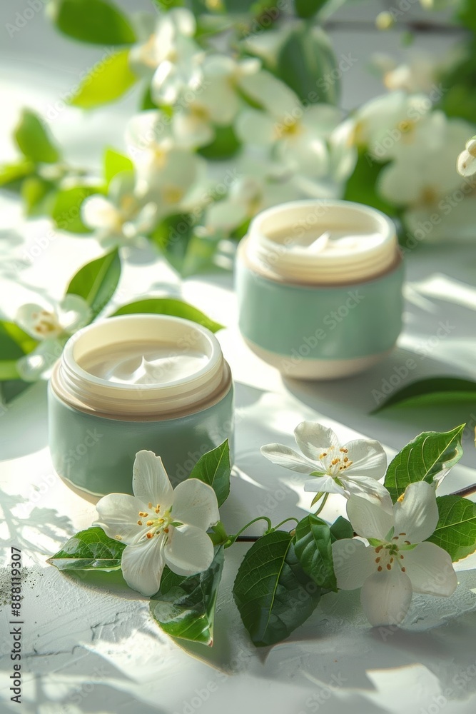 Fresh Green Skincare Cream with White Jasmine Flowers, Natural Beauty Fresh Green Skincare Cream with White Jasmine Flowers, Natural Beauty