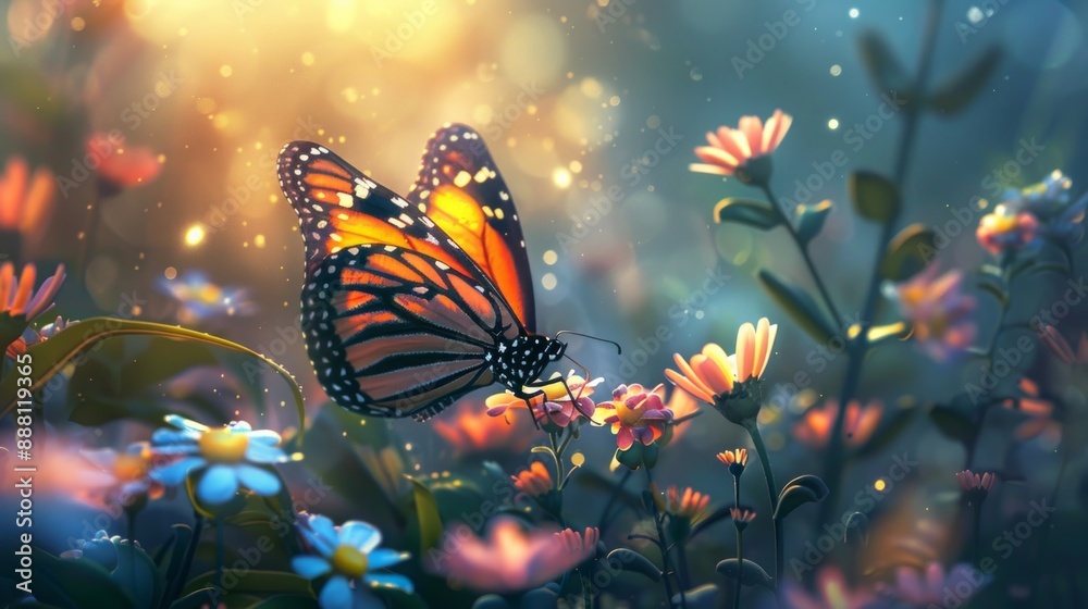 Monarch Butterfly Landing on a Flower in a Field of Bloom Monarch Butterfly Landing on a Flower in a Field of Bloom