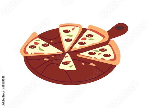 Vector illustration of pizza slices with pepperoni, cheese on a platter with a handle