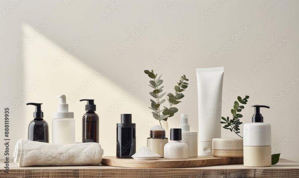 Elegant skincare products with natural elements on wooden surface Elegant skincare products with natural elements on wooden surface