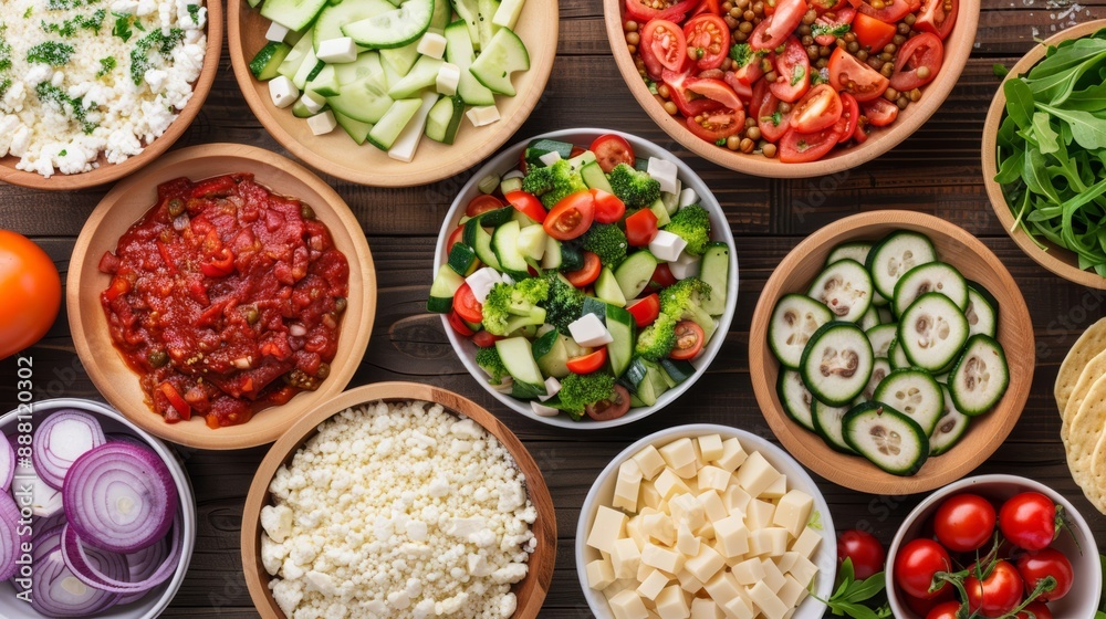 Overhead view of a gluten-free pizza bar with various toppings like fresh vegetables, cheeses, and gluten-free crusts Overhead view of a gluten-free pizza bar with various toppings like fresh vegetables, cheeses, and gluten-free crusts