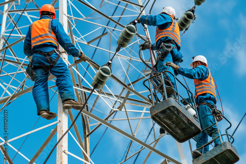Skilled Linemen at Work on High Voltage Electricity Pylon”