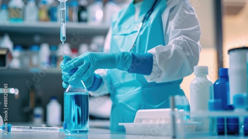 A healthcare worker disinfecting medical equipment