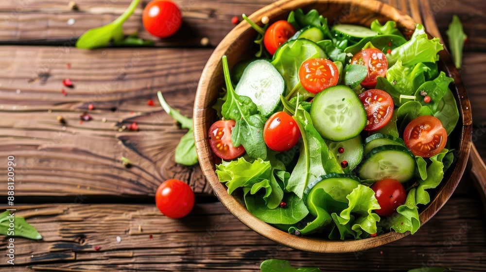 A fresh garden salad with leafy greens, cherry tomatoes, and cucumbers on a wooden table, emphasizing a nutritious meal A fresh garden salad with leafy greens, cherry tomatoes, and cucumbers on a wooden table, emphasizing a nutritious meal