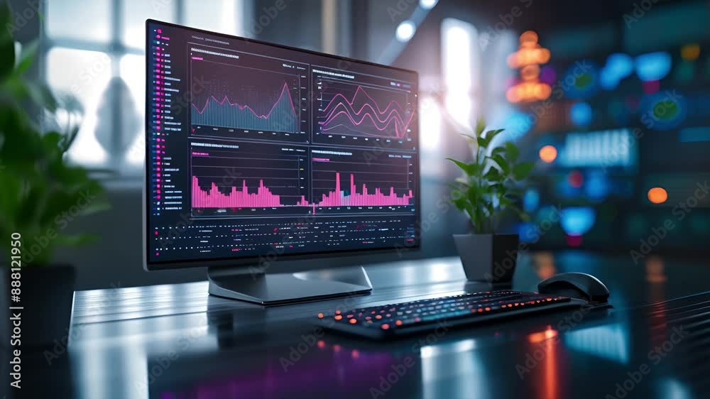 Trading computer desktop monitor, business investment graph chart animation Futuristic finance global economy stock exchange market business chart data analytic marketing research AI auto trading