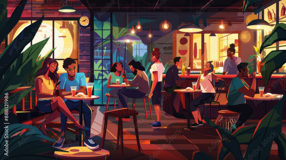 Fototapeta premium A lively evening at a cafÃ© with friends of various ethnicities bonding over slices of mouthwatering Italian pizza.