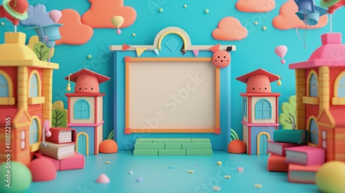 An endearing 3D blender minimalist render with a blank central area framed by a university-themed border. The frame is decorated with cute, smiling faces on books, lively graduation caps, and