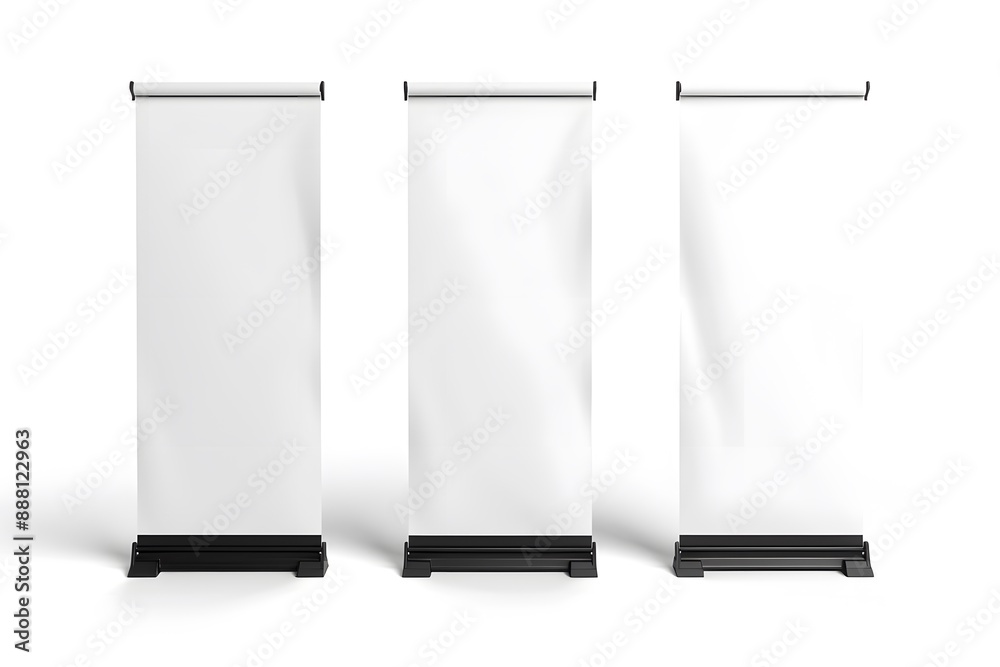 Three blank roll up banner stands with a white background Three blank roll up banner stands with a white background