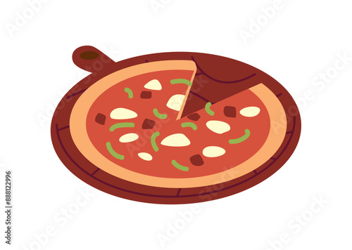 Pizza on the chalkboard with sausage, cheese and vegetables, delicious pizza with cut piece fast food menu vector icon