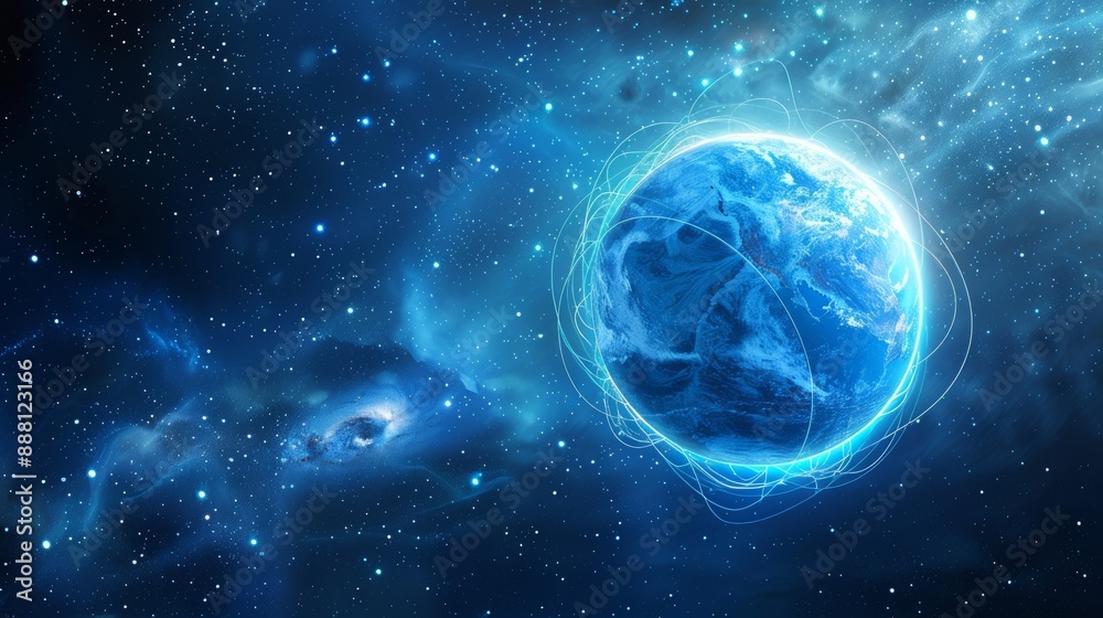 Abstract digital artwork of a glowing blue planet in space surrounded by energy waves and stars. Suitable for sci-fi themes, digital artwork, and space-related content.
