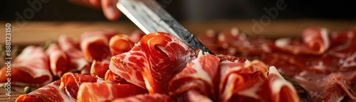 Close-up RAW Style of Jamon iberico de bellota, acorn-fed ham slicing