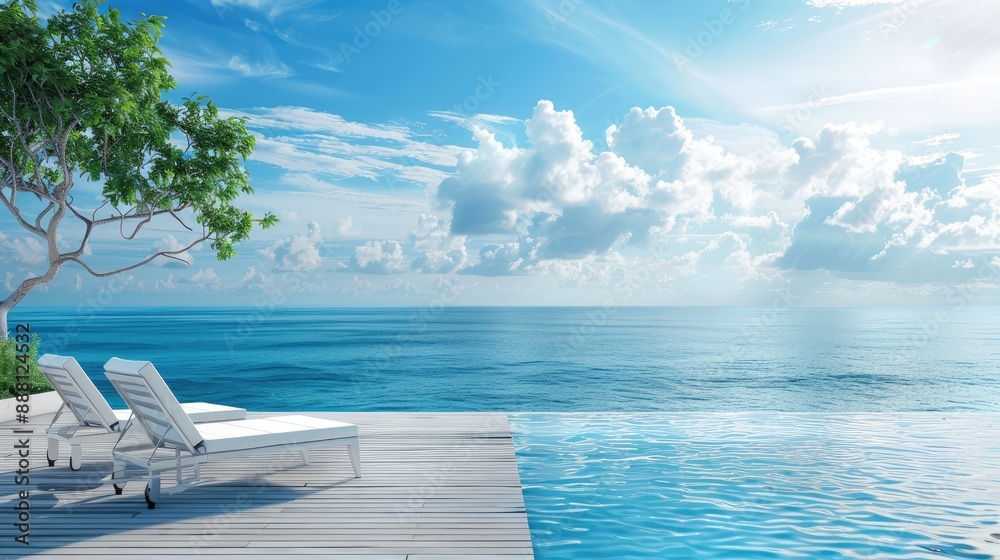Fototapeta premium edited image of a luxury modern white beach hotel overlooking the sea with a swimming pool and sunbeds on the sundeck for a relaxing getaway