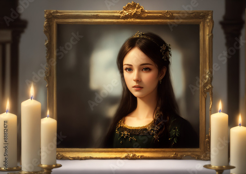 portrait of a woman in a gilded frame with candle in the interior of a room and gray wall in back