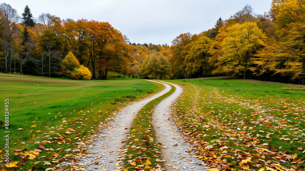Obraz premium Wide shot of a serene autumn landscape with dirt paths winding through colorful trees, leaves carpeting the ground 