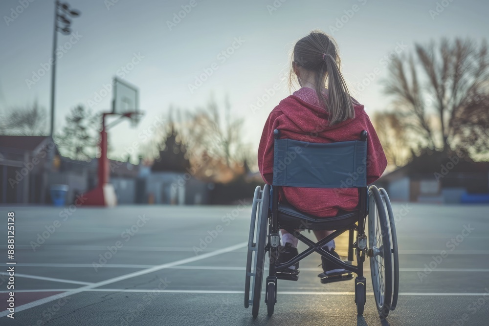 Obraz premium A girl in a wheelchair sits in a basketball court