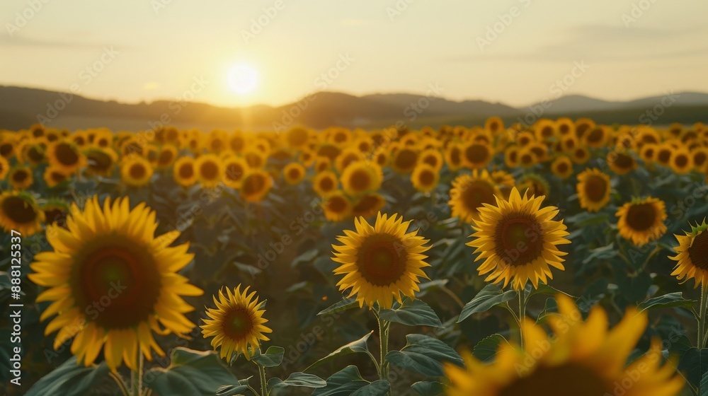 Fototapeta premium Wide shot of a field of sunflowers at dawn.