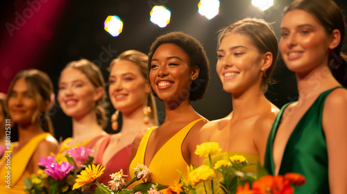Wide shot of the final lineup of contestants, each holding flowers and smiling brightly, stage lights beaming down 