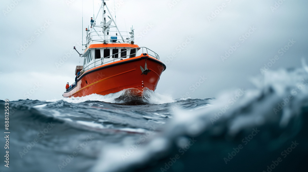 Naklejka premium Wide-angle shot of a crab fishing boat navigating rough seas, highlighting the challenging conditions of the job