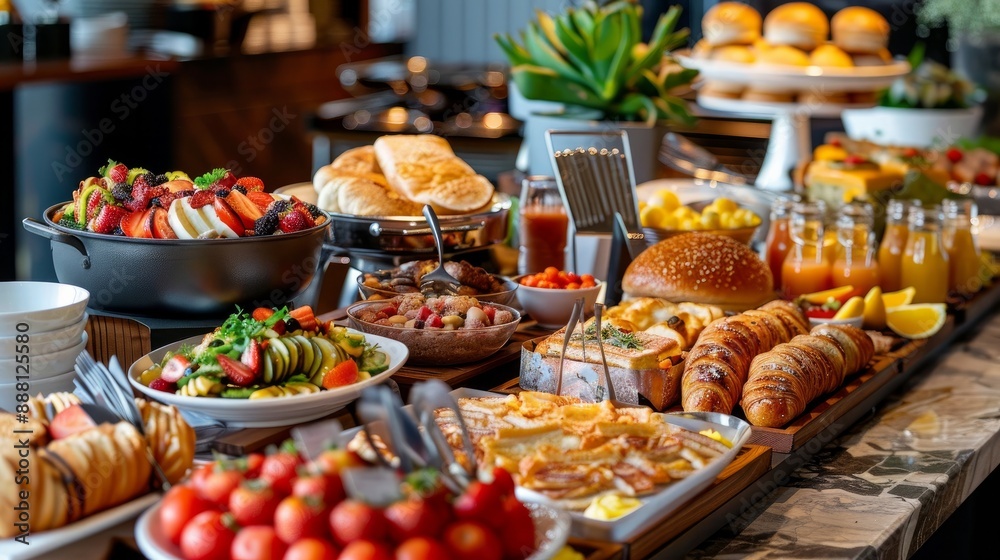 An opulent breakfast spread in a five-star hotel, with a selection of dishes from a contemporary resort buffet An opulent breakfast spread in a five-star hotel, with a selection of dishes from a contemporary resort buffet