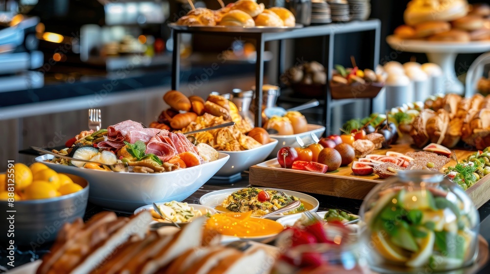 An opulent breakfast spread in a five-star hotel, with a selection of dishes from a contemporary resort buffet An opulent breakfast spread in a five-star hotel, with a selection of dishes from a contemporary resort buffet