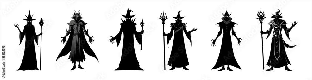 Set of Black silhouettes of wizards isolated on a white background. Concept of Halloween, evil sorcerer, magic fantasy character, cast spells, minimalist style, print, design element. Clip art Set of Black silhouettes of wizards isolated on a white background. Concept of Halloween, evil sorcerer, magic fantasy character, cast spells, minimalist style, print, design element. Clip art