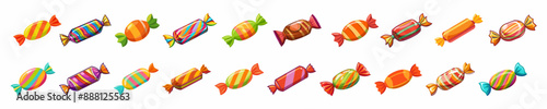 Set of colorful wrapped fruit and chocolate candies isolated on a white background. Design of bonbons. Concept of sweets, confectionery, and fun treats. Print, design elements. Clip art
