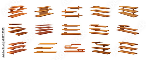 et of Brown wooden floating shelves isolated on a white background. Minimalist shelving unit with simple design. Concept of home decor, organization, storage, furniture, interior design. Collection